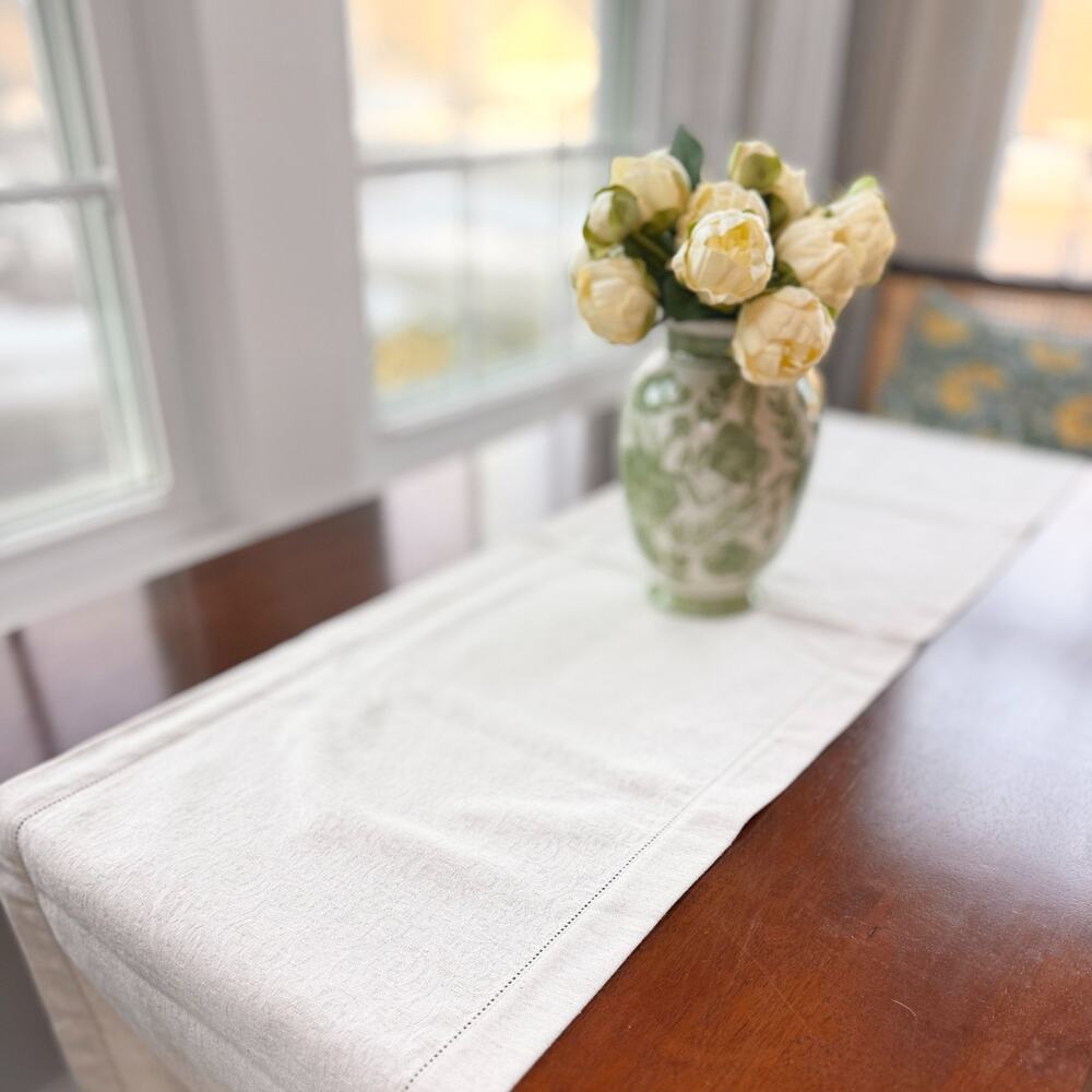 Portuguese Linen Damask Table Runner Hemstitch Neutral 88 x 14.5 MiCasaEstuCasa